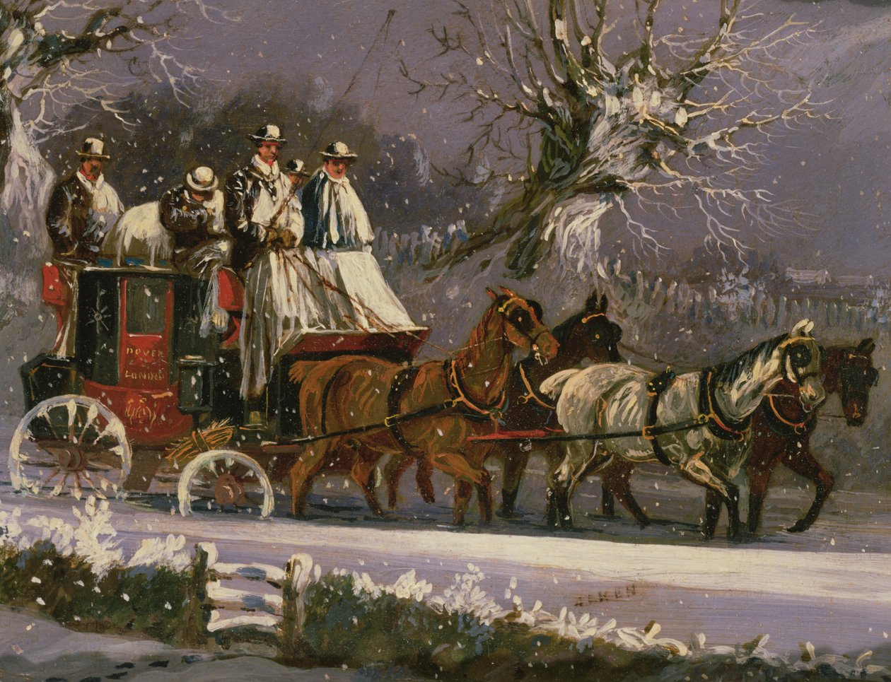 Autobus z Londýna do Doveru na sněhu od Henry Thomas Alken