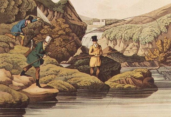 Lov lososů, auqatinted I. CLark, pub. Thomas McLean, 1820 (akvatinta) od Henry Thomas Alken
