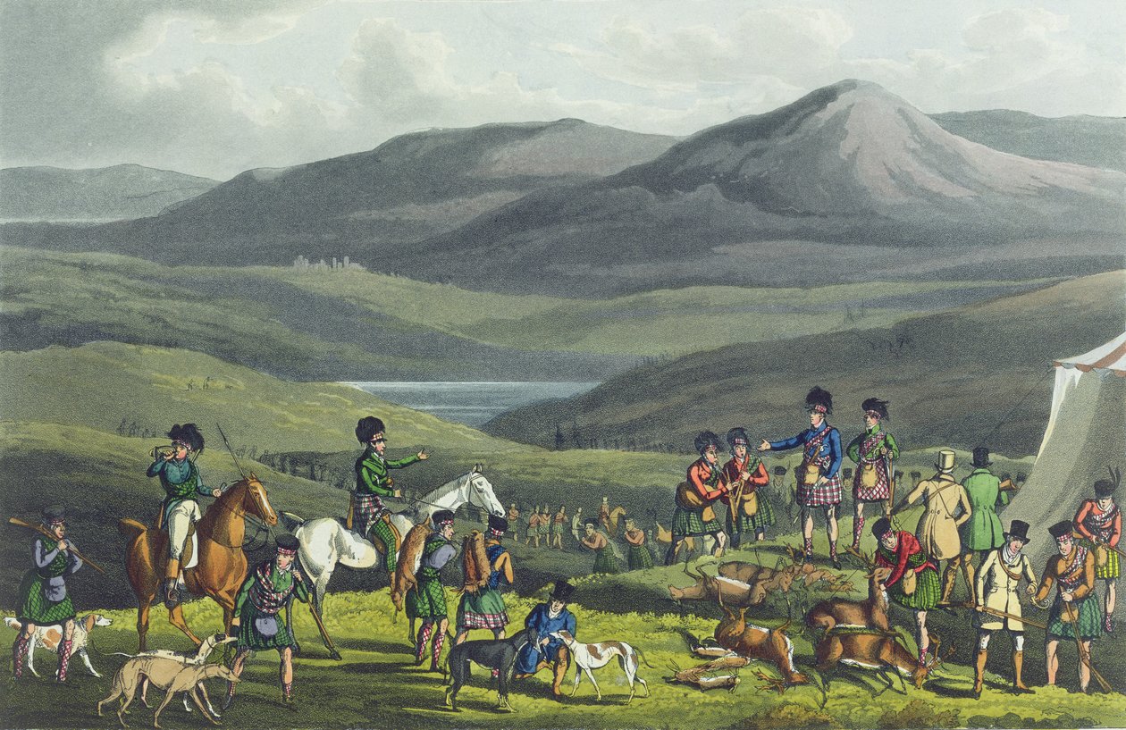 Sportovní setkání na Vysočině, akvatinovaný I. Clarkem, hospoda. Thomas McLean, 1820, (akvatinta) od Henry Thomas Alken