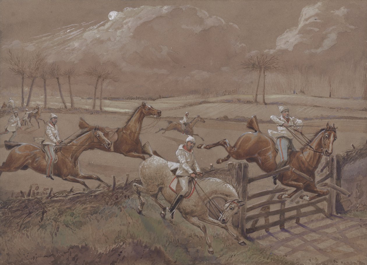The Last Field near Nacton Heath, plate 3, from The First Steeple Chase on Record, ryl J. Harris, tisklo Ackermann, Londýn v roce 1839 (barevná akvatinta) od Henry Thomas Alken