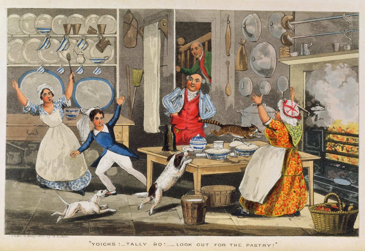 Yoicks!... Tally Ho!...Look out for the Pastry!, z Nimrodova „Života sportovce“, 1874, (ručně kolorovaná rytina) od Henry Thomas Alken