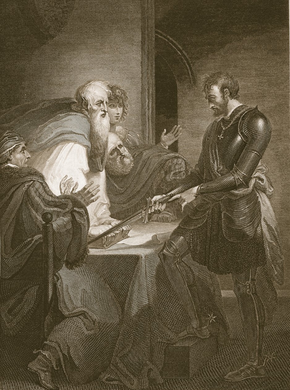 Hrabě Warenne zdůvodňuje vlastnictví svých statků, vyryl J. Fittler, ilustrace z knihy Davida Huma "The History of England", vydal R. Bowyer, Londýn, 1812. od Henry Tresham