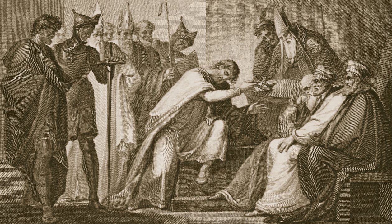 Edward II rezignující na svou korunu, rytý Schiavonelli, ilustrace z Davida Huma 