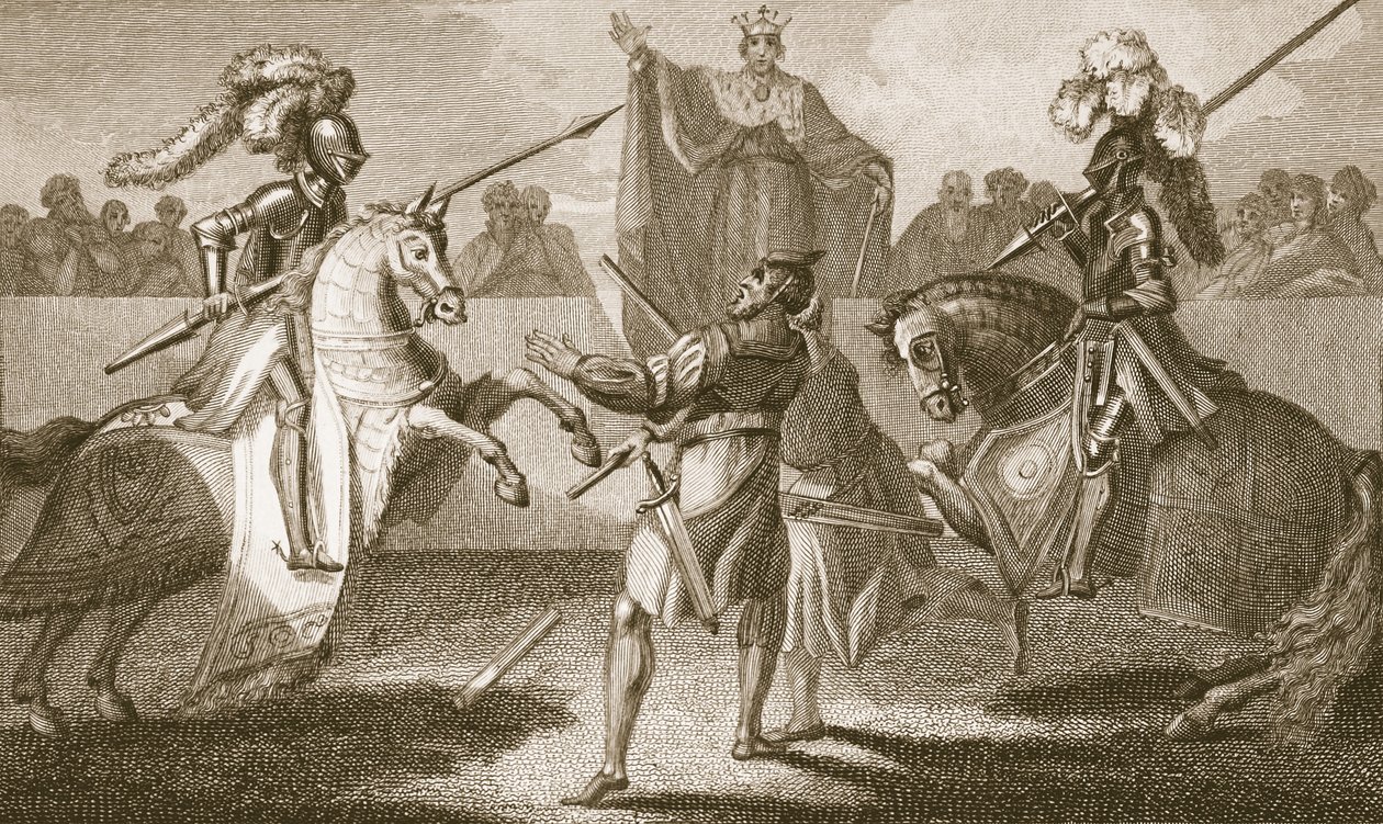 Richard II. pozastavuje souboj mezi Herefordem a Norfolkem, ilustrace z hospody Davida Humea 