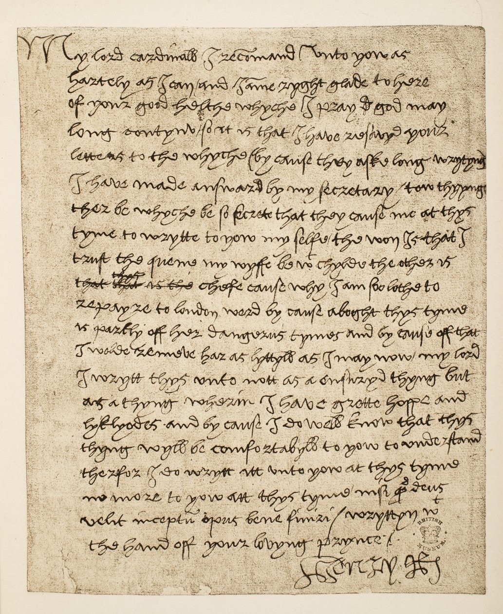 Faksimile dopisu Jindřicha VIII. kardinálu Wolseymu z července 1518, pub. 1902 (kolotyp) od Henry VIII