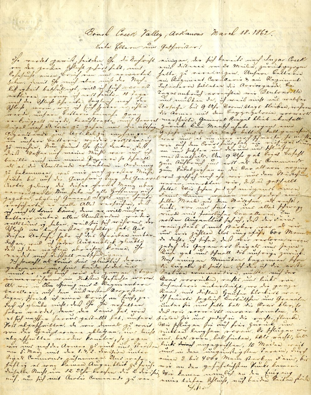 Dopis podepsaný Henrymu [Henry Voelkner], Brush Creek Valley, Arkansas, jeho rodičům, bratrům a sestrám, 18. března 1862 od Henry Voelkner