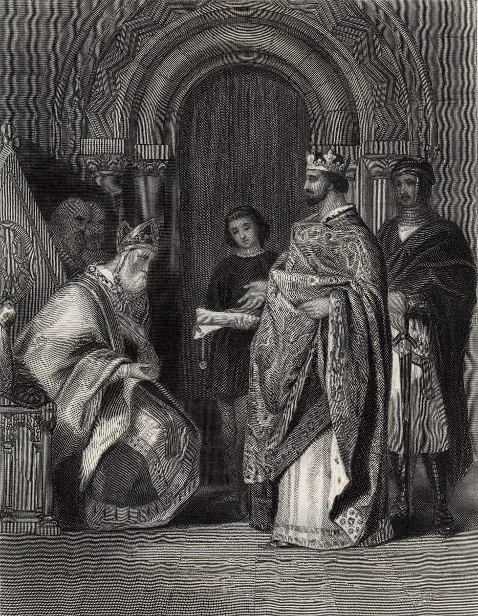 Jindřich II. představuje papežovu bulu arcibiskupovi z Cashelu, vyrytou G. Greatbachem od Henry Warren