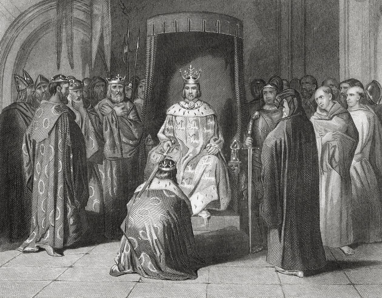 Král Richard II. pasoval krále Connaught, Ulster, Thomond a Leinster na rytíře v roce 1394, „Historie Irska“ od Thomase Wrighta, vydaná kolem roku 1854 od Henry Warren