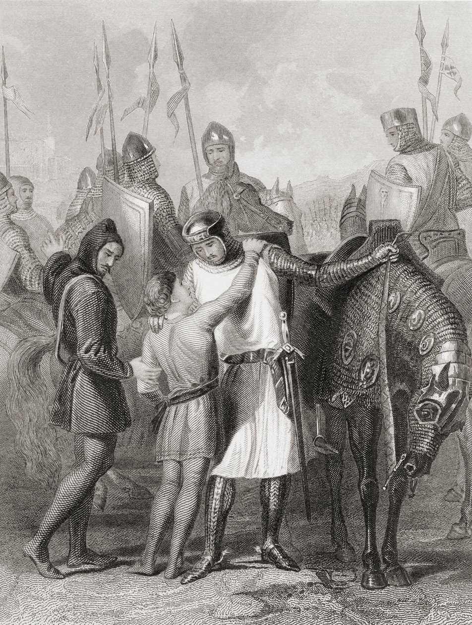 Richard, hrabě z Pembroke, rozlučující se se svým bratrem před odjezdem do Irska v roce 1169, z „Dějiny Irska“ od Thomase Wrighta, vydané kolem roku 1854 od Henry Warren