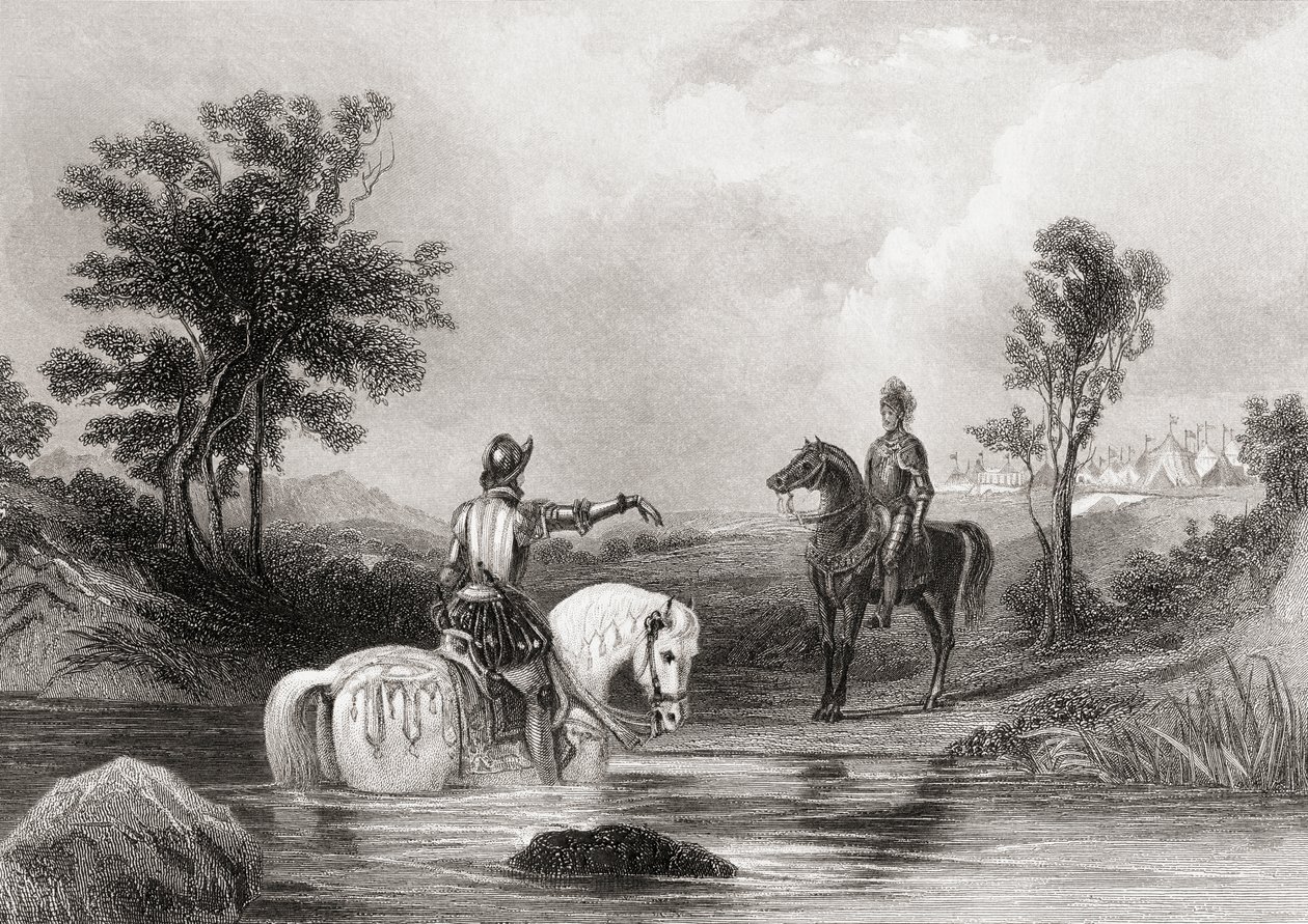 Setkání hraběte z Essexu a hraběte z Tyrone v hrabství Louth, Irsko v roce 1599, z „Historie Irska“ od Thomase Wrighta, vydané kolem roku 1854 od Henry Warren