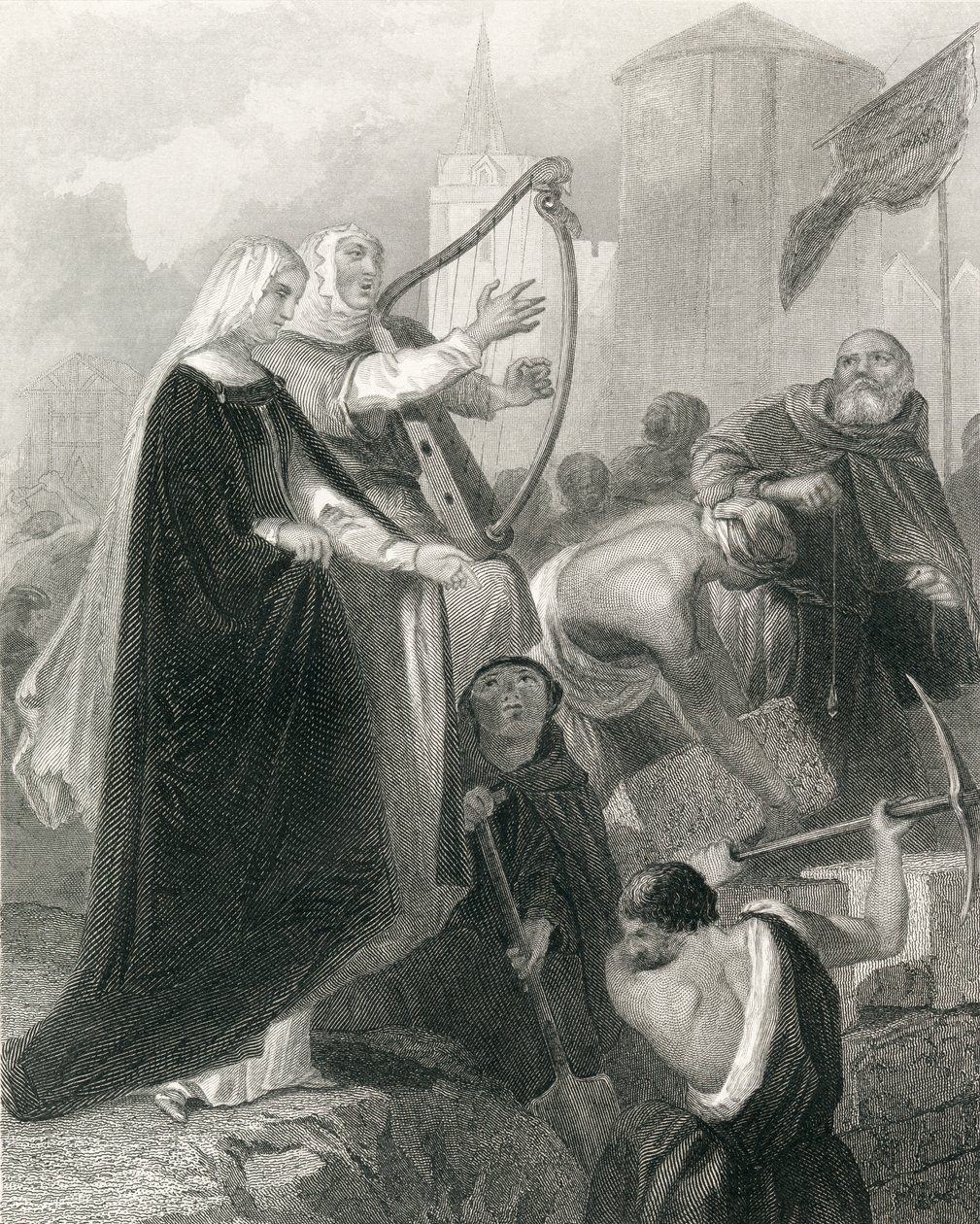 Zdění New Ross, hrabství Wexford, Irsko v roce 1798, z „Historie Irska“ od Thomase Wrighta, publikované kolem roku 1854 (rytina) od Henry Warren