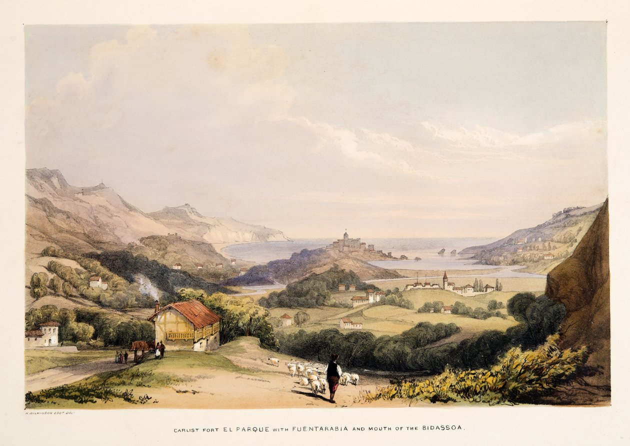 Carlist Fort, El Parque, s Fontarabia a Mouth of the Bidassoa, z Náčrtů scenérie v baskických provinciích Španělska, s výběrem národní hudby?, hospoda. 1838 (ručně kolorovaná rytina) od Henry Wilkinson