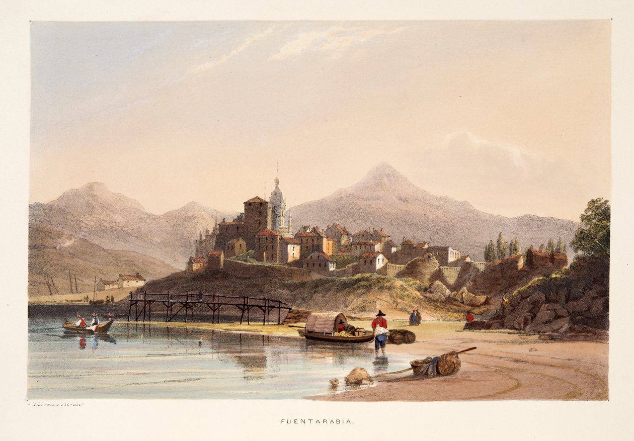 Fontarabia, z Náčrtů scenérie v baskických provinciích Španělska, s výběrem národní hudby…, hospoda. 1838 (ručně kolorovaná rytina) od Henry Wilkinson