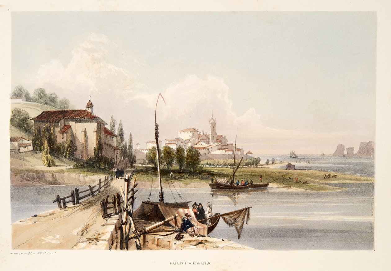 Fontarabia, s klášterem a mostem Capauchinos, z Náčrtů scenérie v baskických provinciích Španělska, s výběrem národní hudby?, hospoda. 1838 (ručně kolorovaná rytina) od Henry Wilkinson