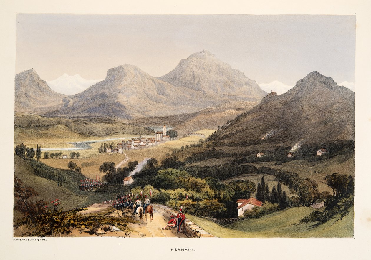 Hernani, ze Sketches of scenery v baskických provinciích Španělska, s výběrem národní hudby …, hospoda. 1838 (ručně kolorovaná rytina) od Henry Wilkinson