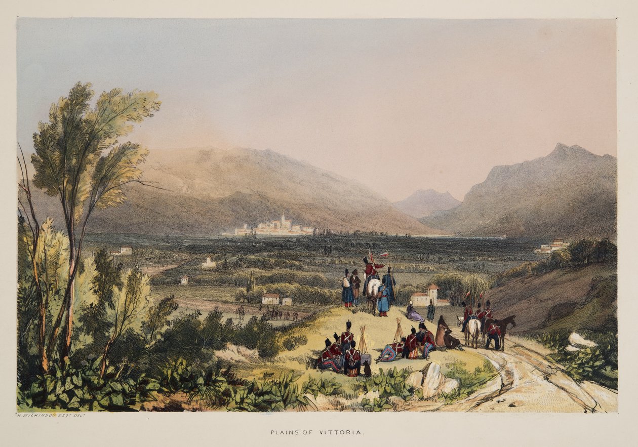 Pláně a město Vitoria, z náčrtů scenérie v baskických provinciích Španělska, s výběrem národní hudby?, hospoda. 1838 (ručně kolorovaná rytina) od Henry Wilkinson
