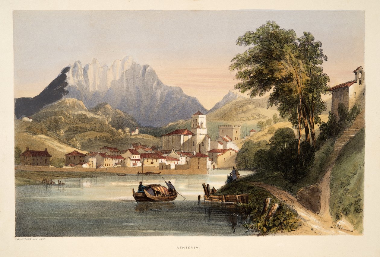 Renteria, z Náčrtů scenérie v baskických provinciích Španělska, s výběrem národní hudby?, hospoda. 1838 (ručně kolorovaná rytina) od Henry Wilkinson