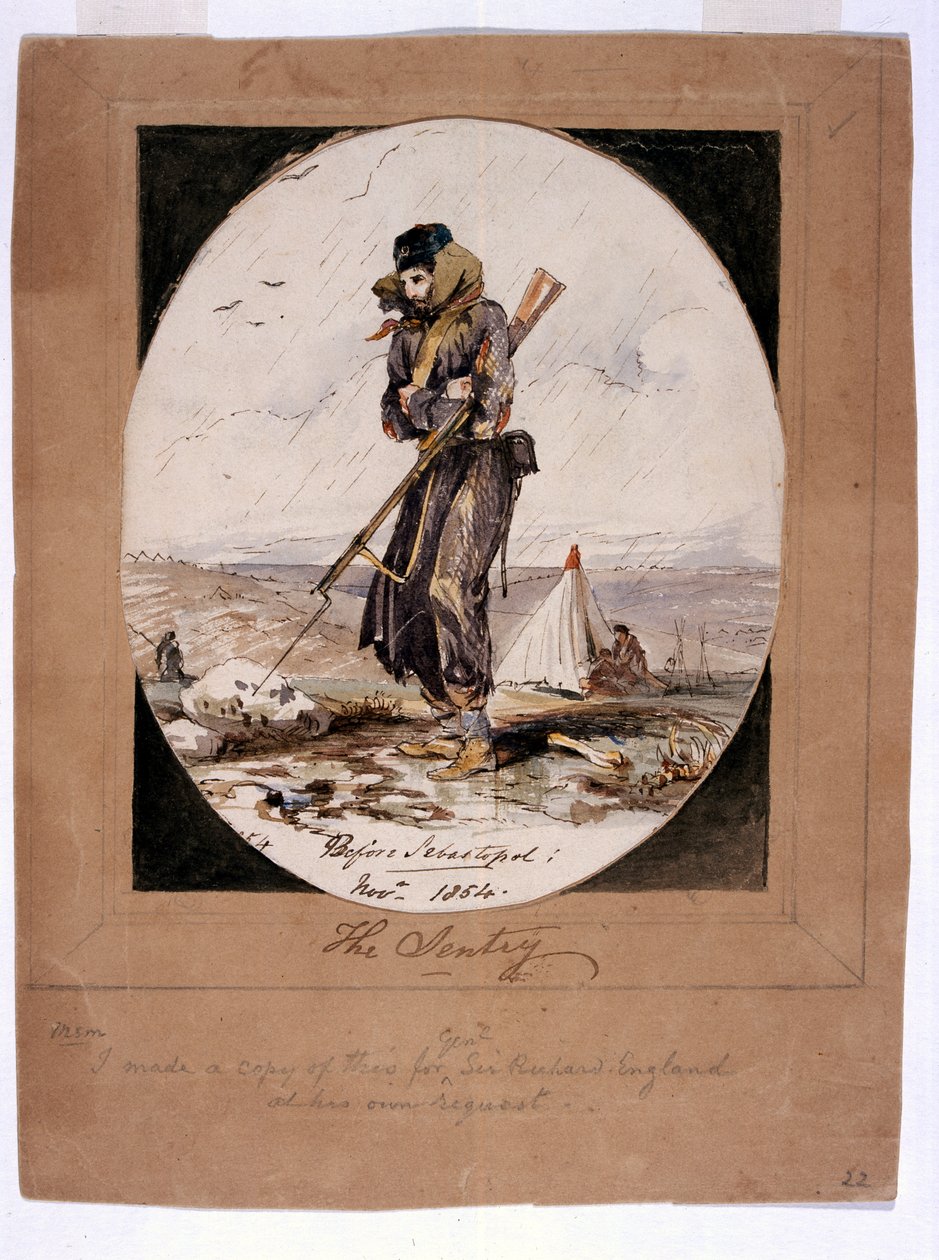 Sentry, před Sebastopolem, 1854 (pero a inkoust s wc na papíře) od Henry Wilkinson