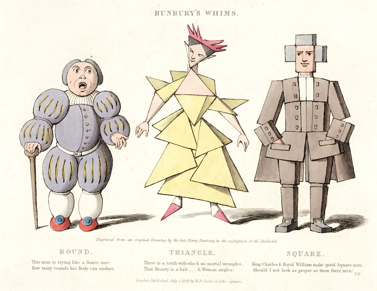 Kulatý, trojúhelníkový a čtvercový, z Bunburys Whims, 1828 od Henry William after Bunbury
