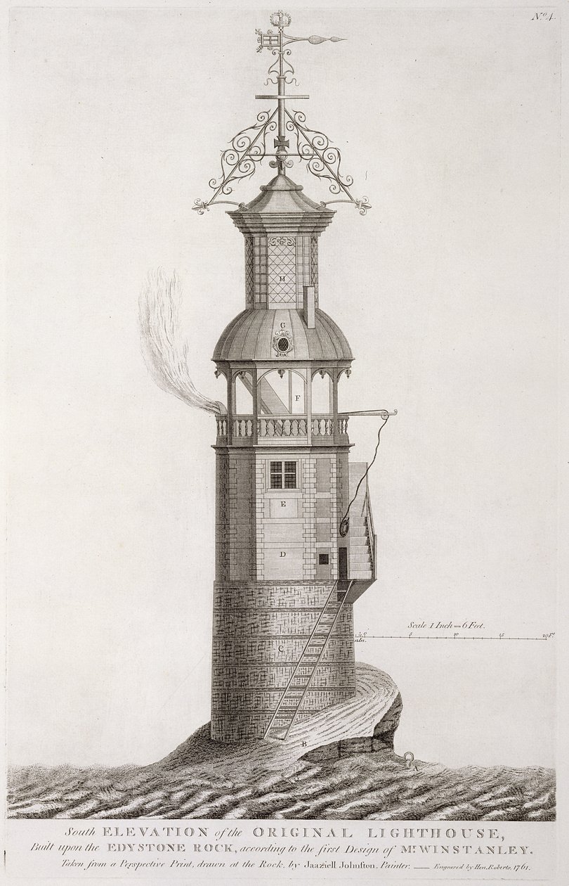 Eddystone Lighthouse vyrytý Henry Roberts (fl.1761), 1761 od Henry Winstanley