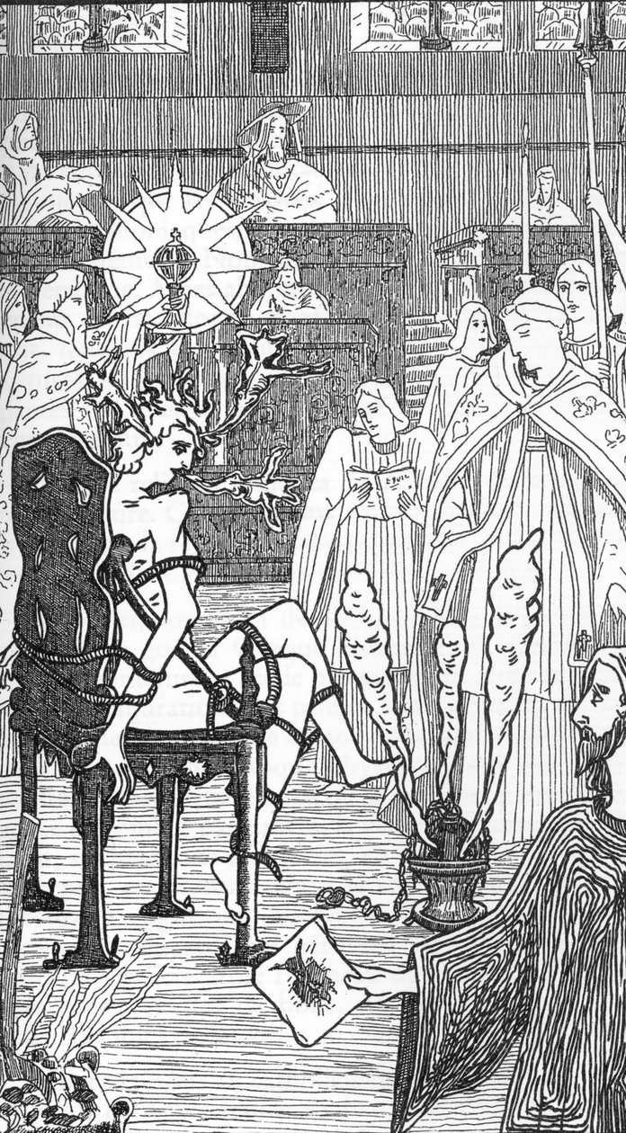 Znázornění obřadu exorcismu Kresba Henryho de Malvost z knihy „Satanismus a magie“ od Julese Boise 1895 Soukromá sbírka od Henry de Malvost
