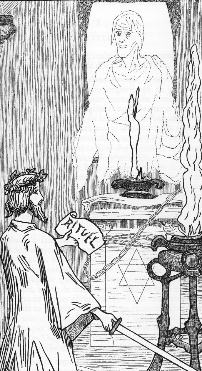 Spiritismus: Evokace duchů Kresba Henryho de Malvost z knihy „Satanismus a magie“ od Julese Boise Soukromá sbírka z roku 1895 od Henry de Malvost