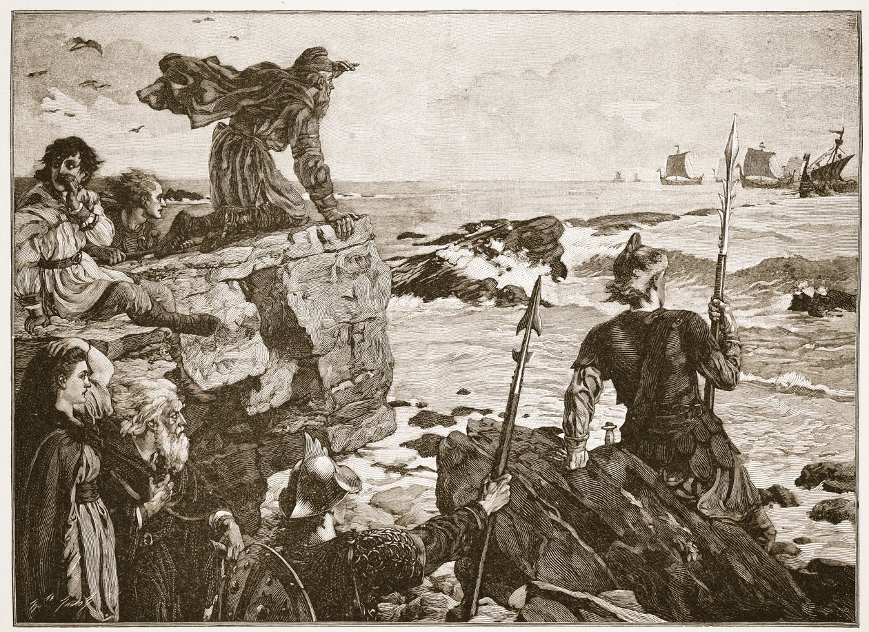 Jak Dánové před tisíci lety připluli ke kanálu La Manche, ilustrace z knihy "Anglikánská církev: Spence-Jones, vyd. cca 1910 (sépiová fotografie). od Herbert Alfred Bone