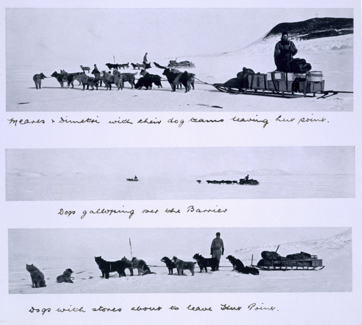 Tři pohledy na psí týmy vedené Mearesem a Dimetrim na expedici „Terra Nova“ (1910-13) na jižní pól pod vedením kapitána Scotta od Herbert Ponting