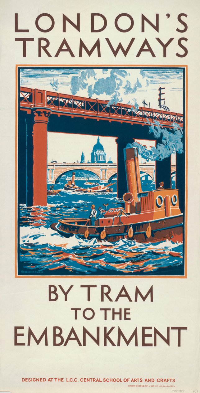 „Tramvají na nábřeží“, plakát LCC Tramways London County Council, 1924 od Herbert Kerr Rooke