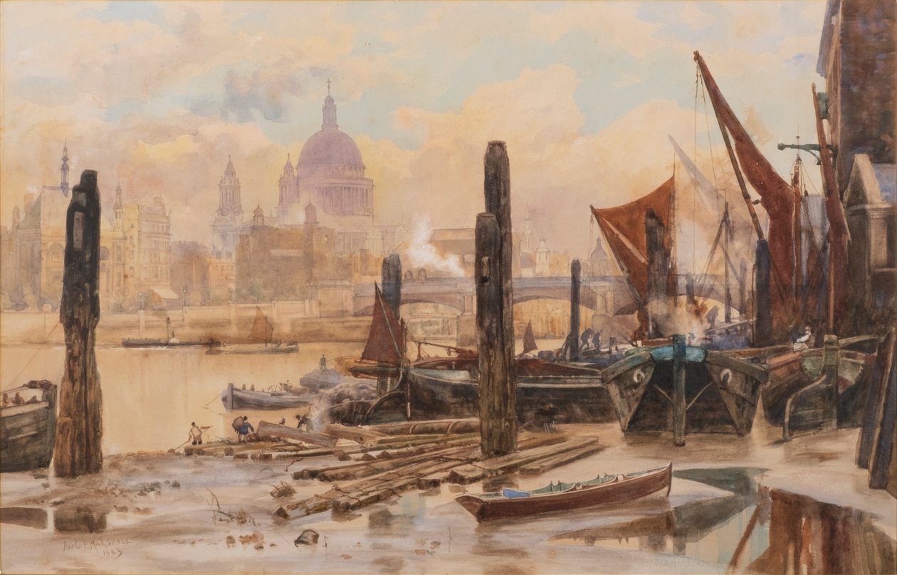 Zakotvené bárky na Temži; v dálce most St Pauls a Blackfriars Bridge od Herbert Menzies Marshall