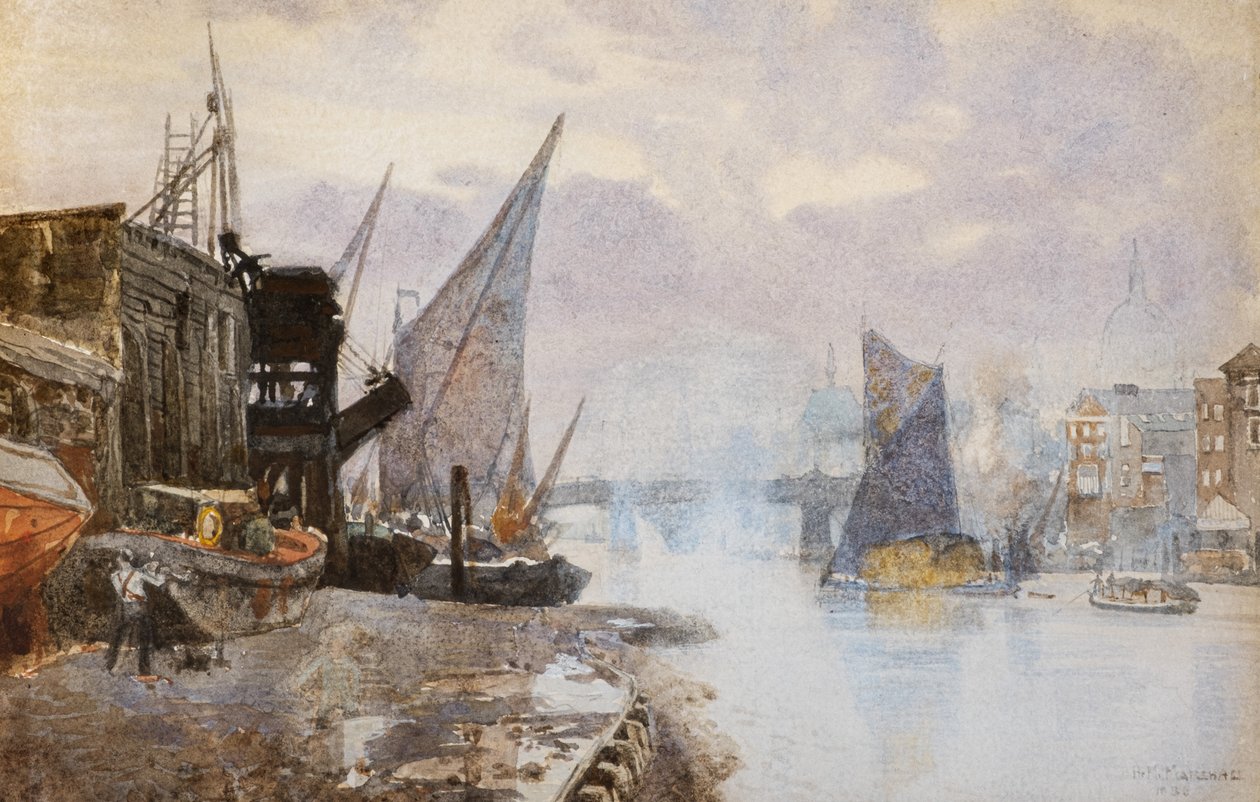 Lodní doprava na Temži u Bankside, asi 1884 (akvarel) od Herbert Menzies Marshall
