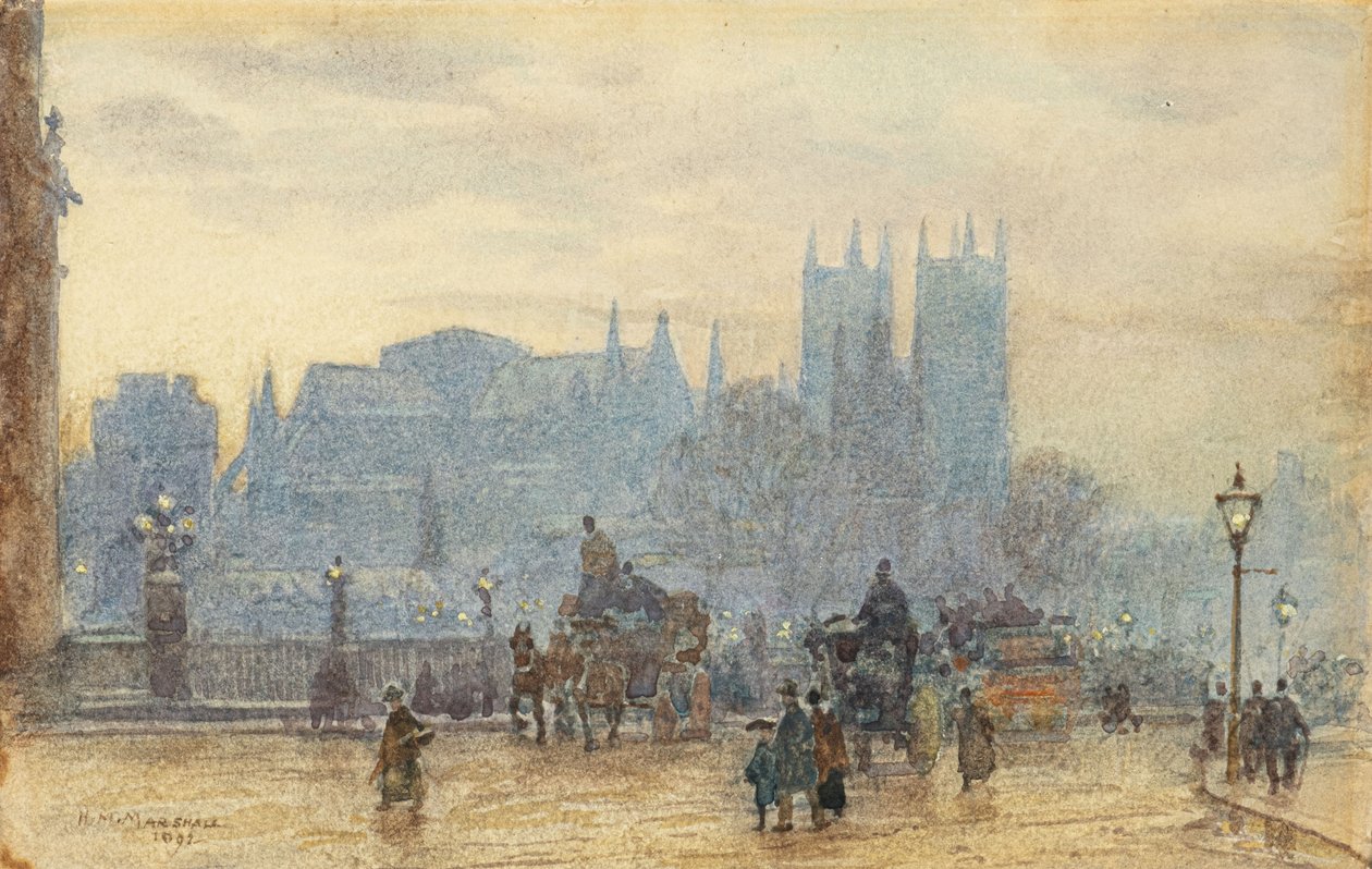 Westminsterské opatství z Westminsterského mostu 1892 (akvarel) od Herbert Menzies Marshall