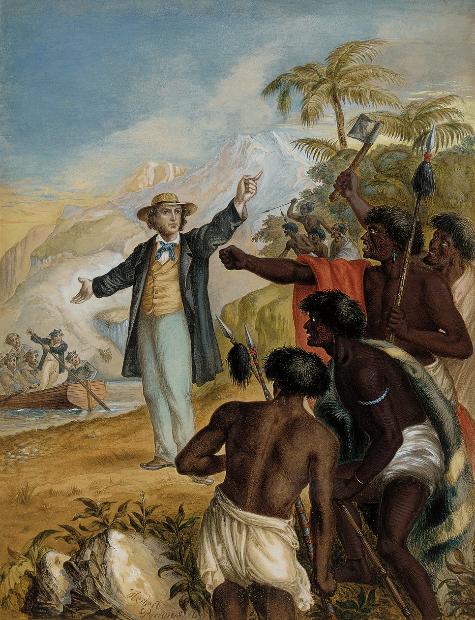 Skotský misionář přicházející na břeh konfrontován válčícími Maory, 1868 od Herbert Parsons