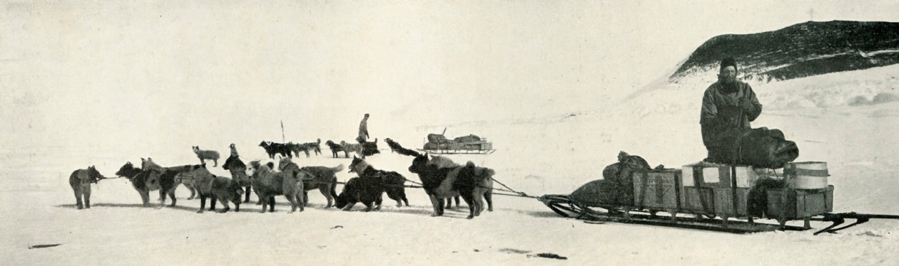 Meares a Demetri se svými psími týmy opouštějí Hut Point, c1911, 1913 od Herbert Ponting