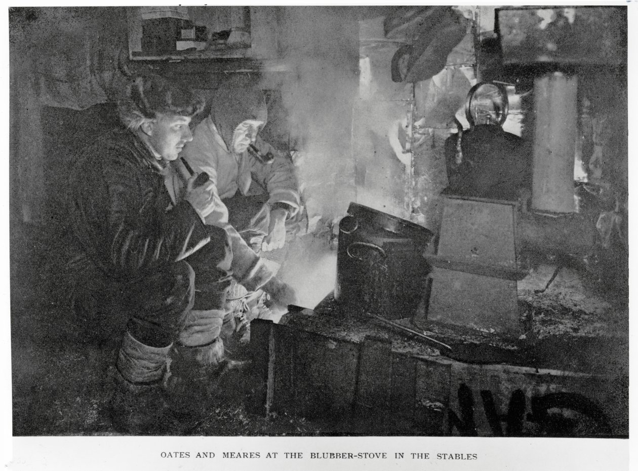 Oates & Meares u kotle na tuk ve stájích, 1911 od Herbert Ponting
