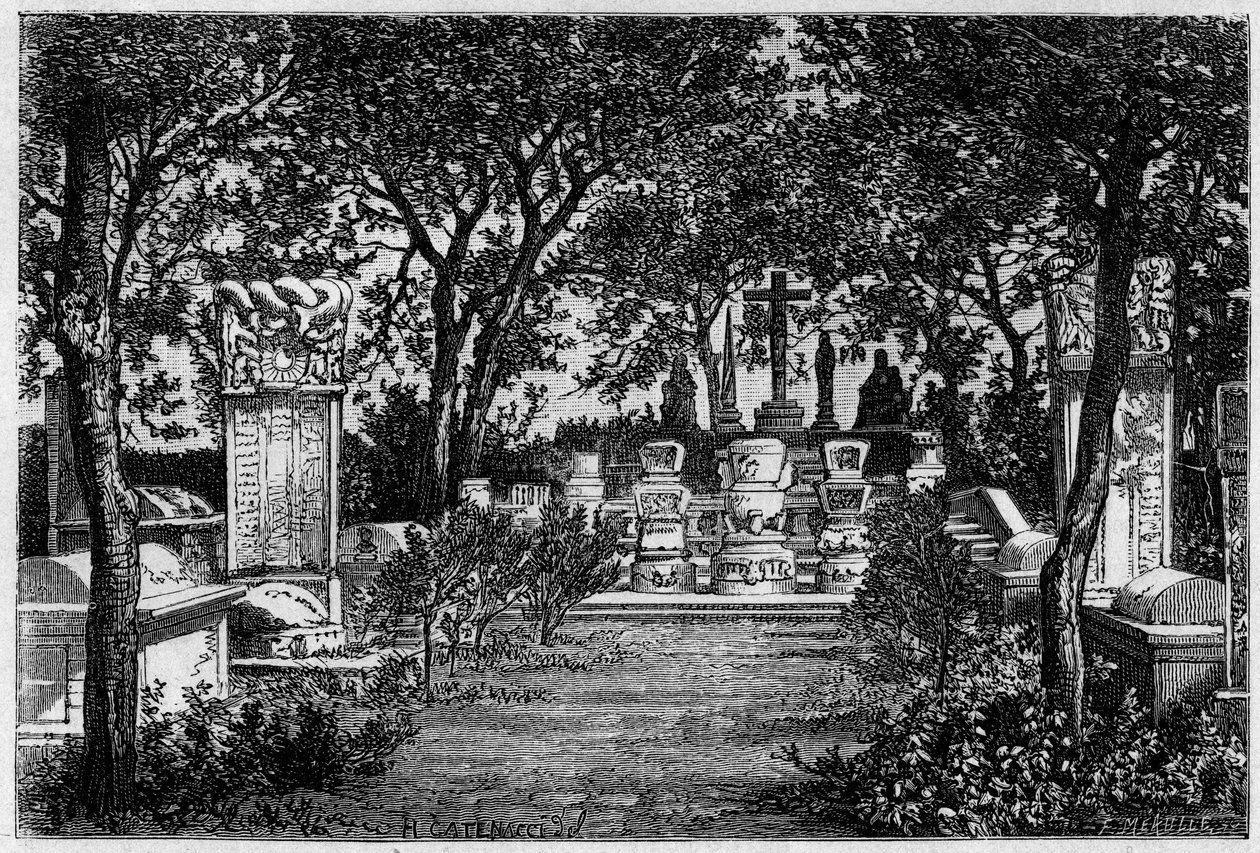 Hroby jezuity Mattea Ricciho (1552-1610) a Adama Schalla von Bella (1592-1666) v Pekinu (Peking) v letech 1870. Rytina podle kresby Catenacciho, podle fotografie Thomsona, v „“ Le Tour du Monde , Nouveau journal des Voyages””, editoval od Hercule (after) Catenacci