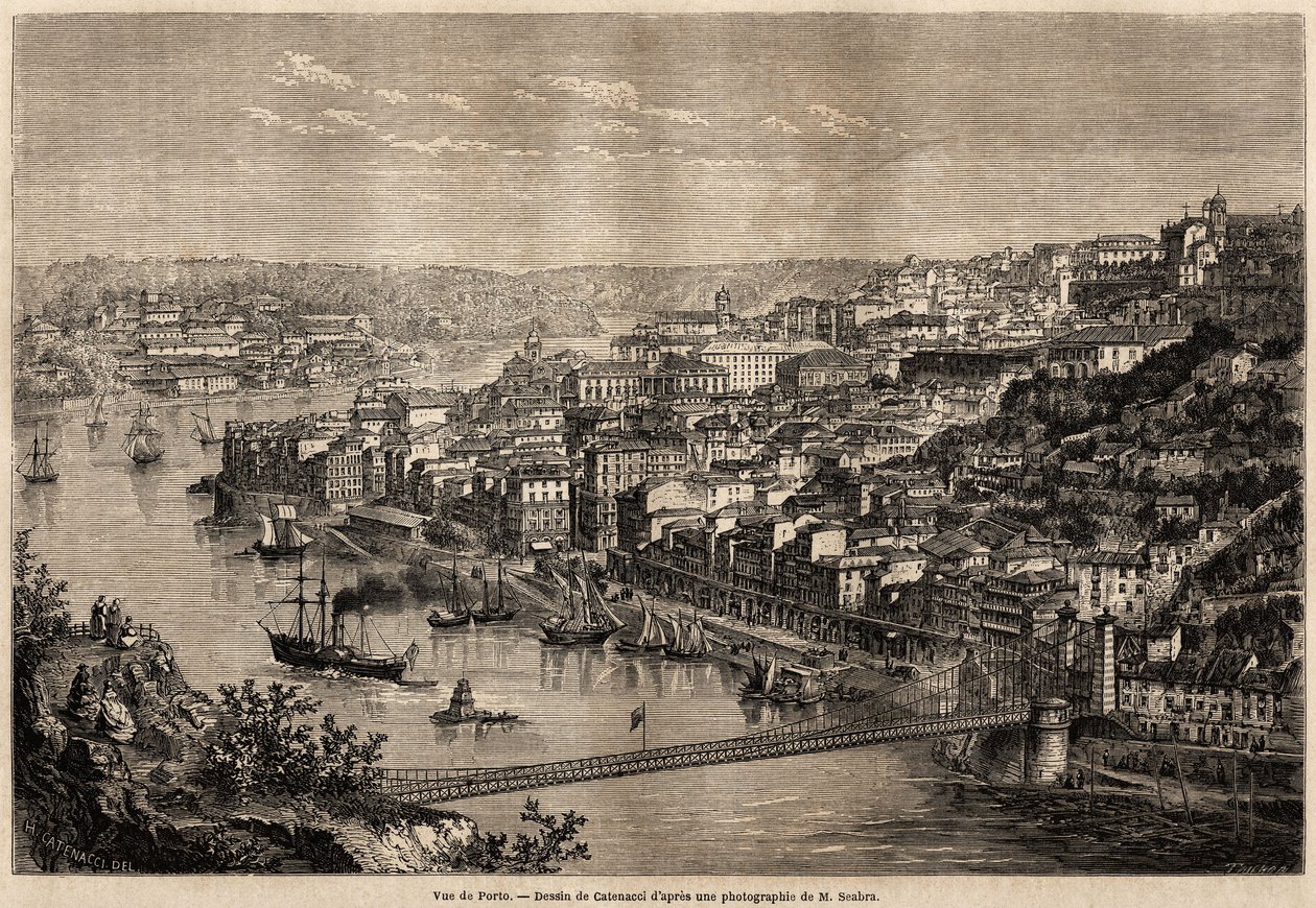Pohled na Porto, kresba od Catenacciho, k ilustraci cesty Oliviera Mersona do severních provincií Portugalska v roce 1857. Rytina v „“Le tour du monde““ 1861. Selva sbírka. od Hercule (after) Catenacci