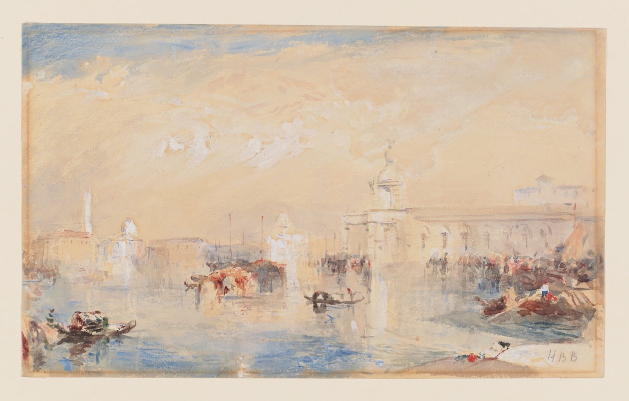 Krajina podle Turnerova „Dogana, San Giorgio, Citella, ze kroků Evropy“ (akvarel, tělová barva a tužka na papíře) od Hercules Brabazon Brabazon