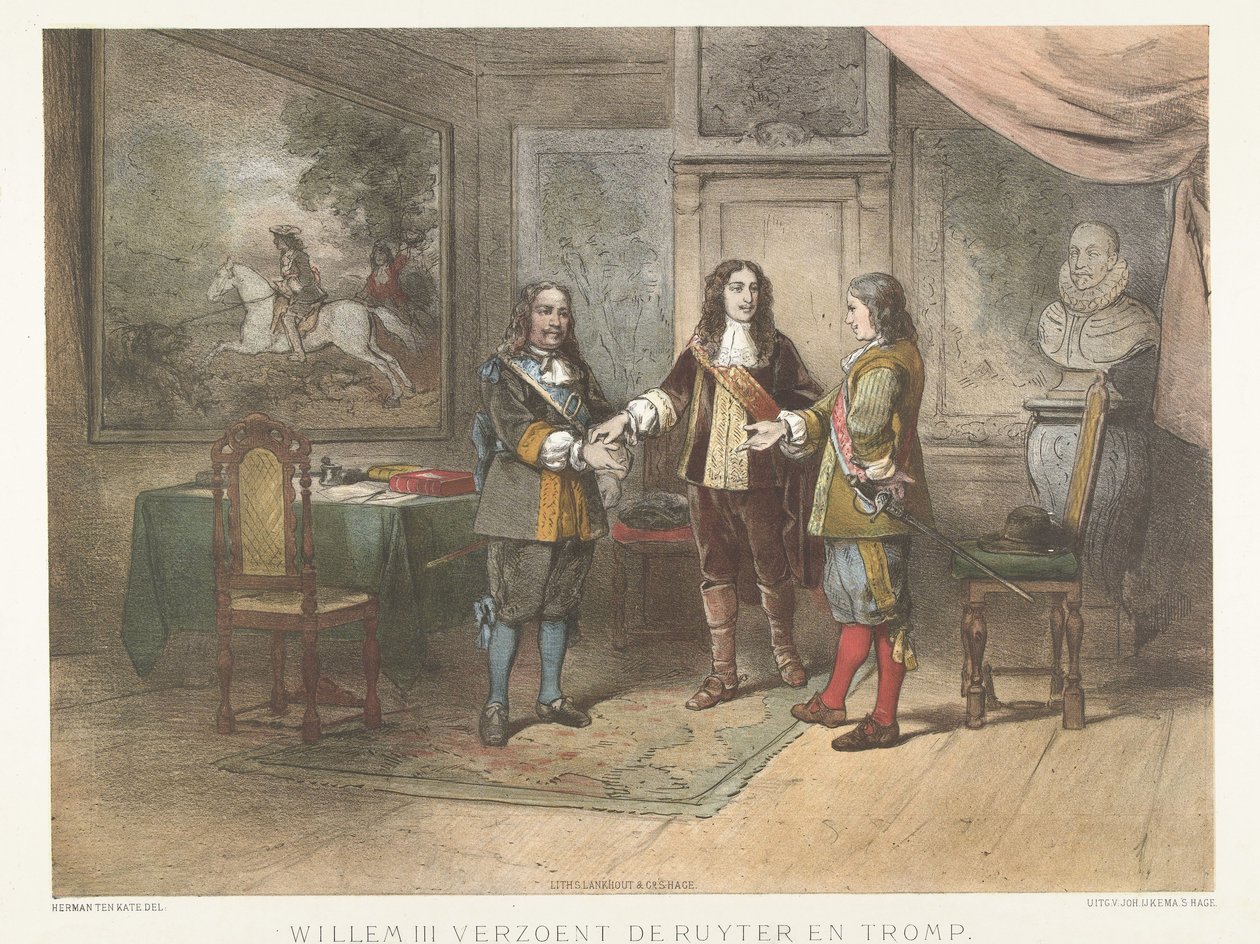 Princ William III usmíří Michiel de Ruyter a Cornelis Tromp, 1673 Willem III smíří Ruytera a Trompa (název na objektu) od Herman Frederik Carel ten Kate