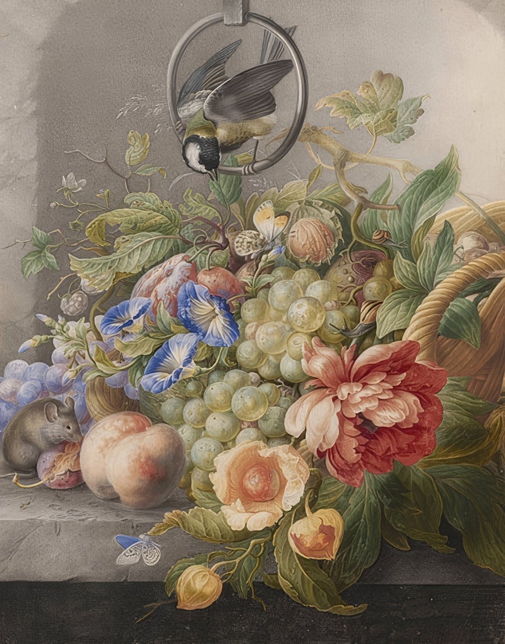Zátiší s květinami, plody, sýkorou koňakou a myší. Kolem 1700-10 od Herman Henstenburgh