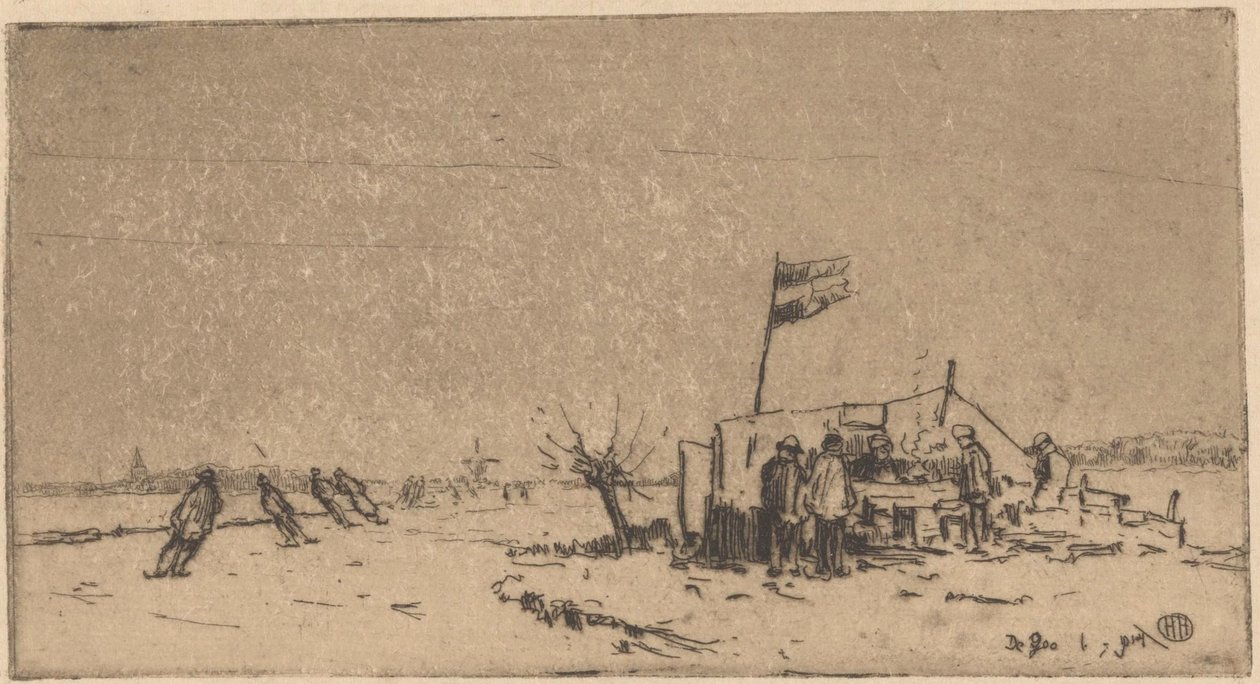 Zimní krajina s bruslaři od Herman Heuff (signed by artist)