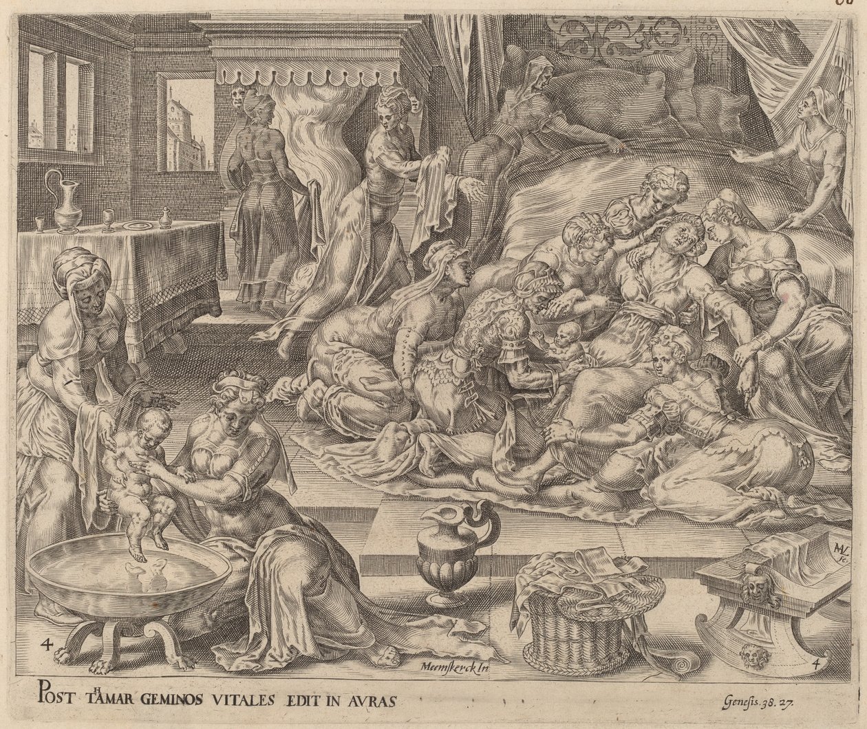 Narození Phareze a Zary od Herman Jansz Muller after Maerten van Heemskerck
