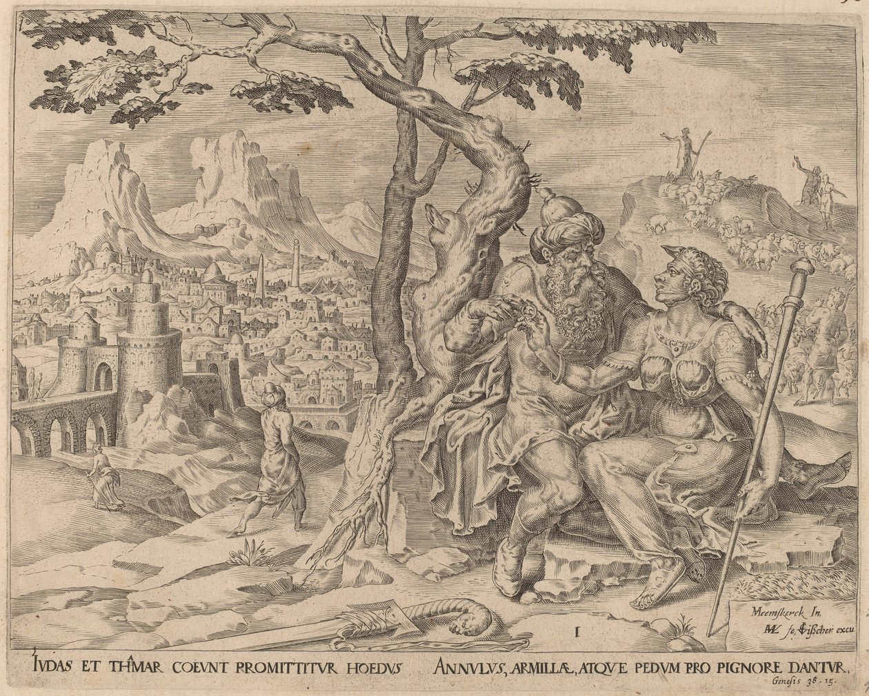 Juda dává Támar slib od Herman Jansz Muller after Maerten van Heemskerck