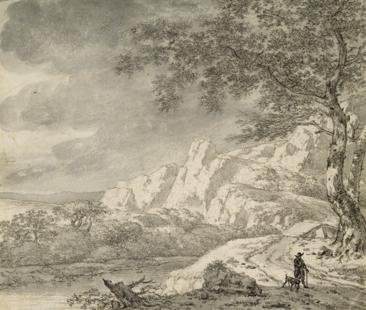 Horská krajina s turistou (křída a inkoust na papíře) od Herman Nauwincz