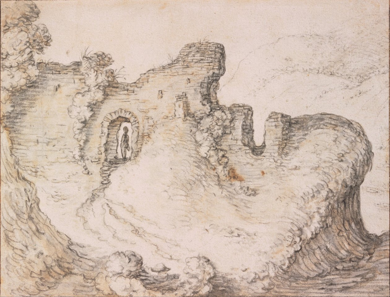Skalnatá krajina s ruinami, tvořící profil mužské tváře, c. 1650 od Herman Saftleven