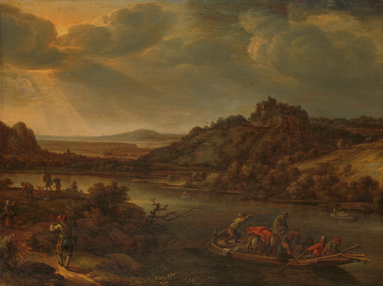 Výhled na řeku s trajektem od Herman the Younger Saftleven
