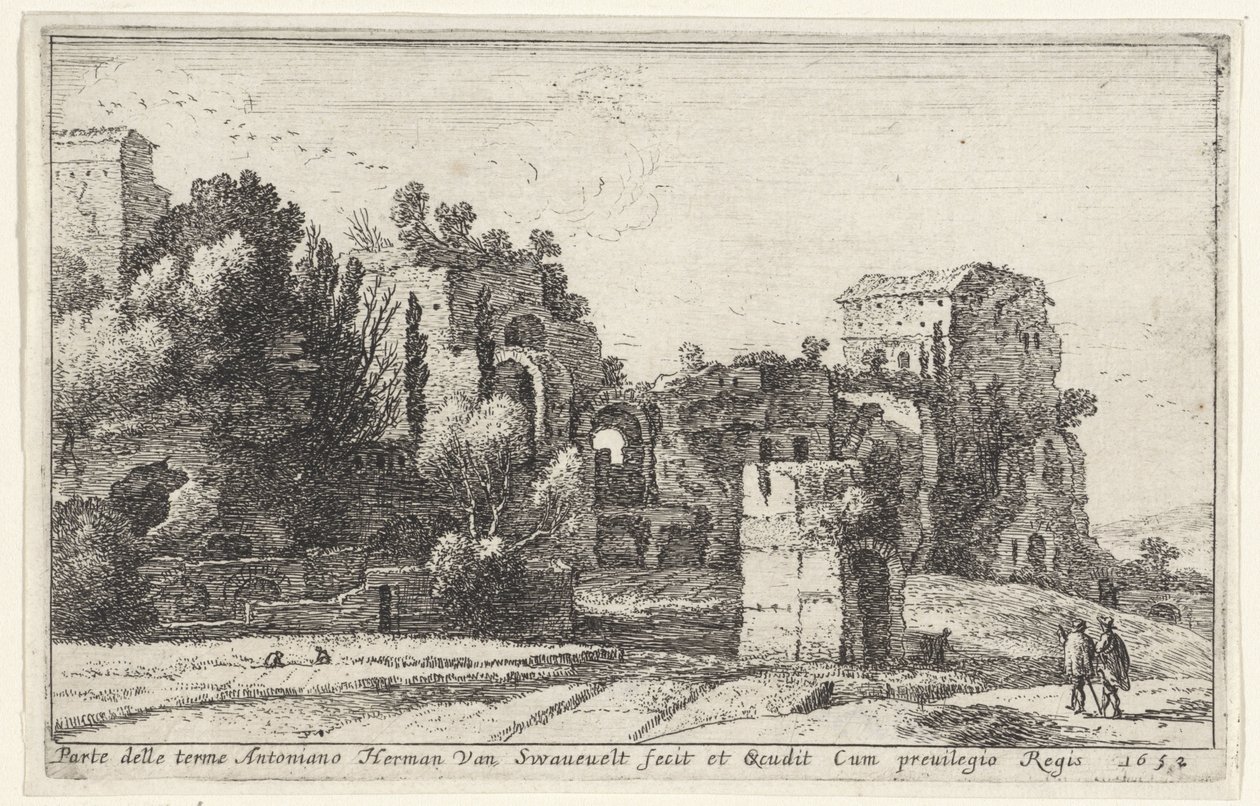 Pohled na lázně Caracalla Parte delle terme Antoniano (název na předmětu) Titulní strana a dvanáct pohledů na Řím a jeho okolí (název série) Diverse veuës dedans et dehors de Rome (název série) od Herman van Swanevelt