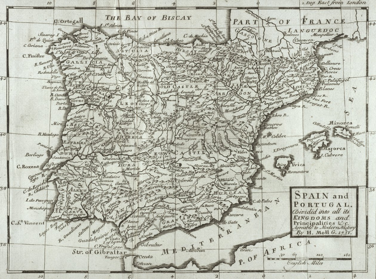 Mapa Španělska a Portugalska, 1731 od Hermann Moll