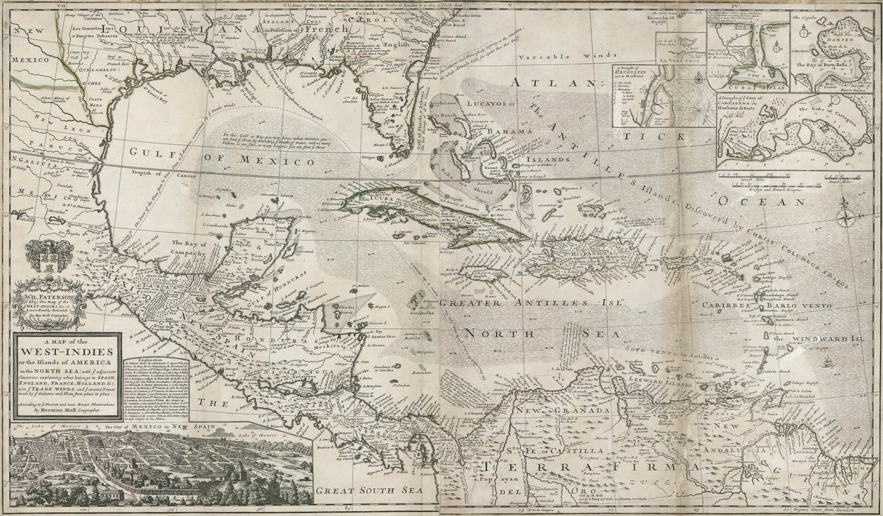 Mapa Karibiku, 1715 (ručně kolorovaná rytina) od Hermann Moll