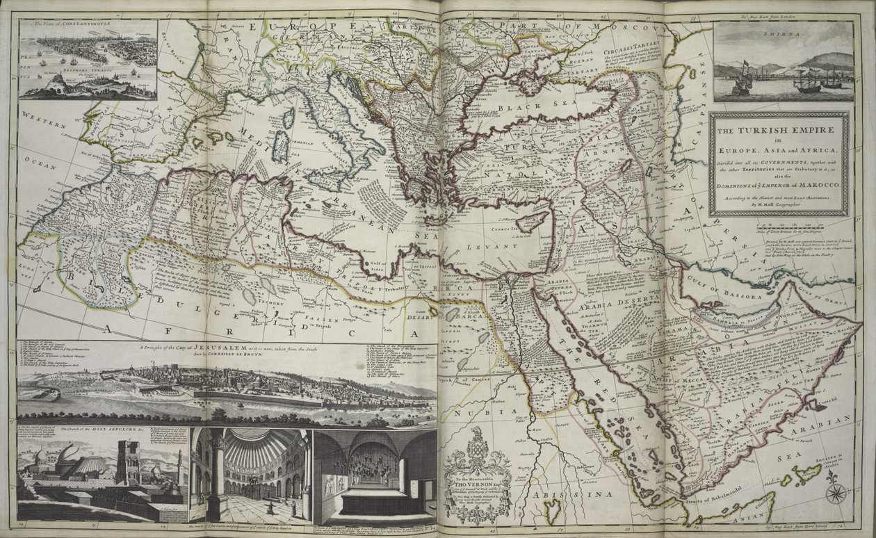 Turecká říše v Evropě, Asii a Africe, 1736 (ručně kolorovaný tisk) od Hermann Moll